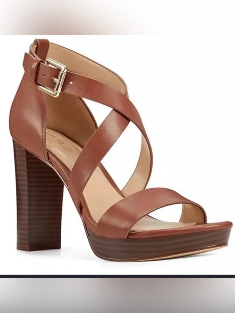 Nine West Brown Leather Block Heel Sandal